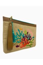 Renkli Mercan Nakışlı Jüt Clutch Çanta 30×20 cm - Görsel 2