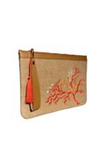 Kırmızı Mercan Nakışlı Doğal Jüt Clutch Çanta 30 × 20 cm - Görsel 2