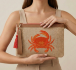 Kırmızı Yengeç Nakışlı Doğal Jüt Clutch Çanta 30 × 20 cm