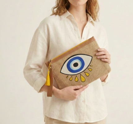 Nazar Göz Nakışlı Jüt Clutch 30×20 cm
