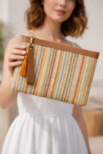 Çizgili Dokuma Jüt Clutch Çanta  Vegan Deri - Görsel 4