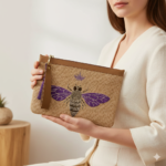 Mor Arı Nakışlı Jüt Clutch Çanta 30×20 cm - Görsel 3