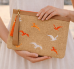 Kırmızı Martı Nakışlı Doğal Jüt Clutch Çanta 30 × 20 cm