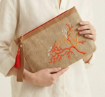 Kırmızı Mercan Nakışlı Doğal Jüt Clutch Çanta 30 × 20 cm