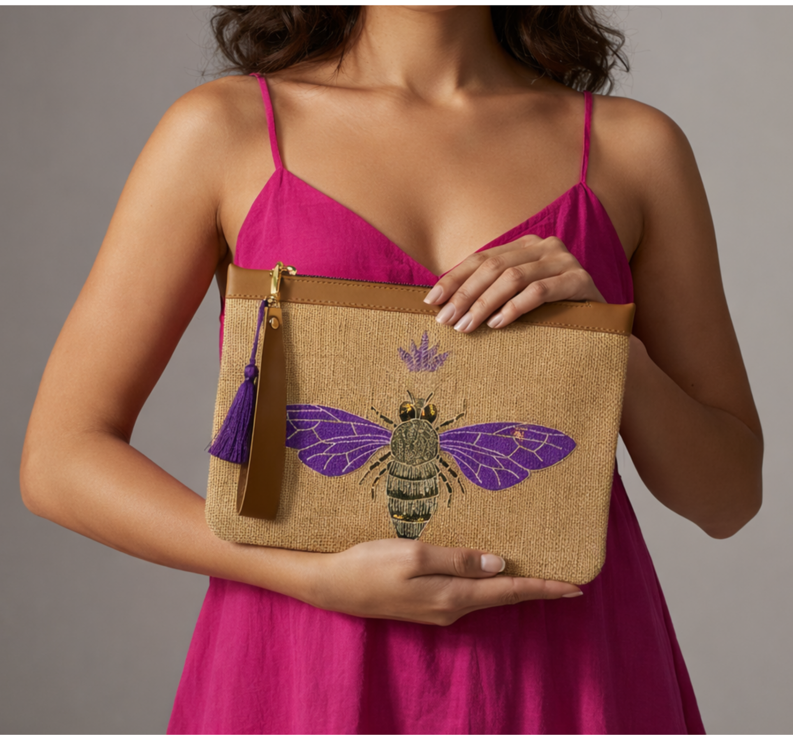 MOR ARI Mor Arı Nakışlı Jüt Clutch Çanta 30×20 cm - Görsel 1