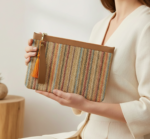 Çizgili Dokuma Jüt Clutch Çanta  Vegan Deri