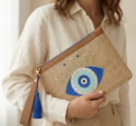 Taçlı Göz Nakışlı Doğal Jüt Clutch Çanta 30 × 20 cm