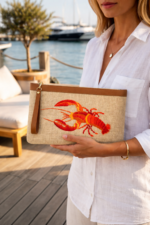 Kırmızı Istakoz Nakışlı Jüt Clutch Çanta - Görsel 2